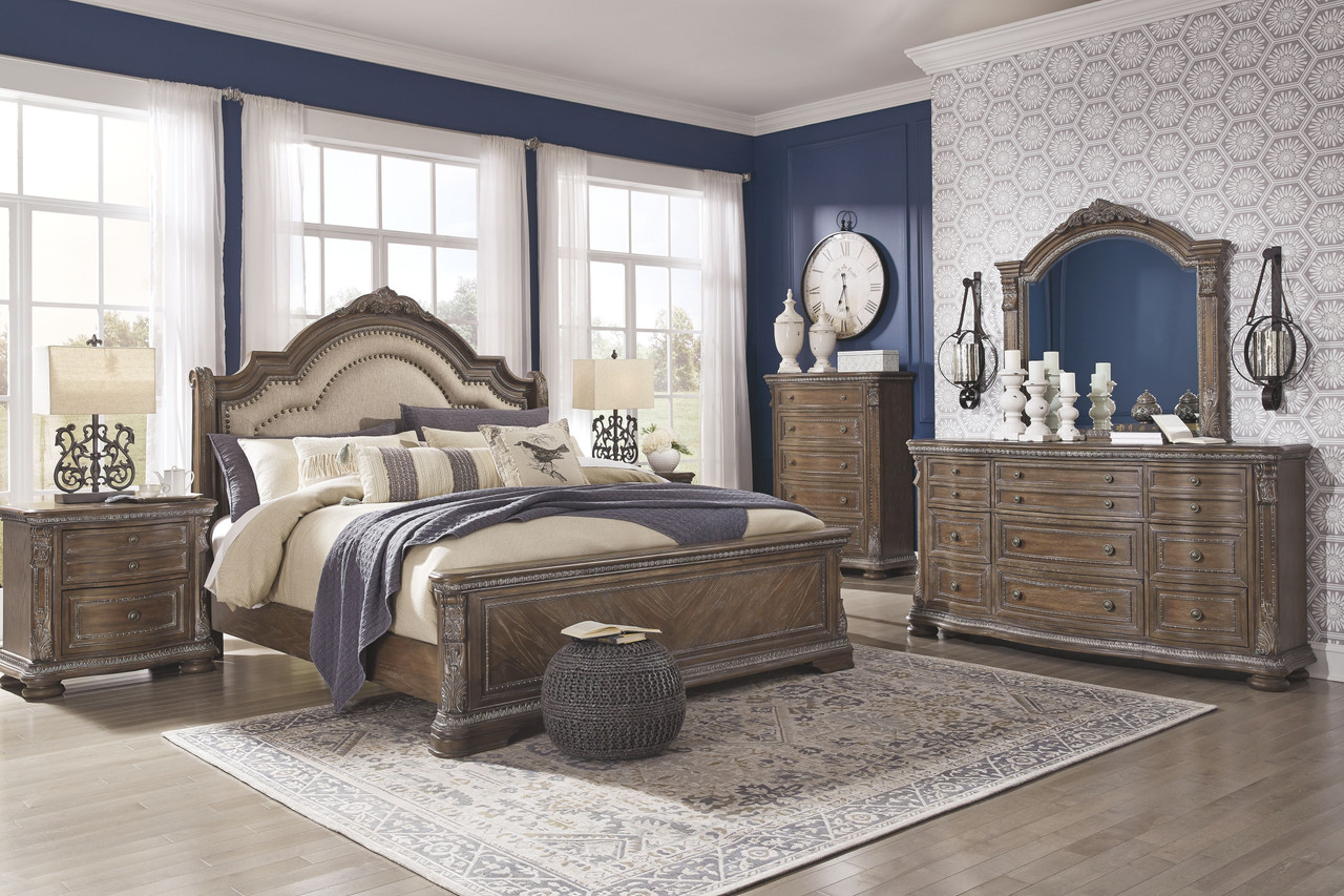 The Charmond Brown 6 Pc. Dresser, Mirror, Chest, Queen Upholstered
