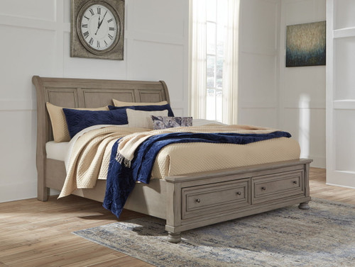 Lettner Light Gray King Sleigh Bed With 2 Storage Drawers Lettner Light Gray King Sleigh Bed With 2 Storage Drawers