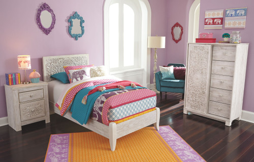 Paxberry Whitewash 4 Pc. Twin Panel Bed, Dressing Chest, Nightstand