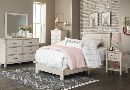 Hollentown Whitewash 5 Pc. Dresser, Mirror, Twin Panel Bed, 2 Nightstands