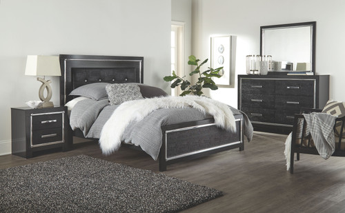 Kaydell Black 6 Pc. Dresser, Mirror, Queen Upholstered Panel Bed