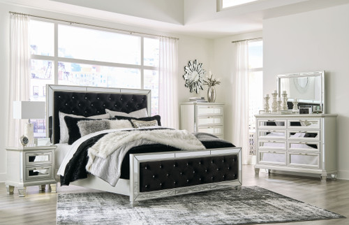 Lindenfield Black / Silver 6 Pc. Dresser, Mirror, Chest, King Upholstered Bed