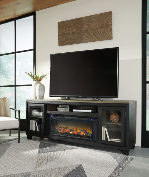 Roddinton Dark Brown XL TV Stand with LG Fireplace Insert Infrared