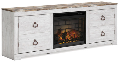 Willowton Whitewash 72" TV Stand With Faux Firebrick Fireplace Insert