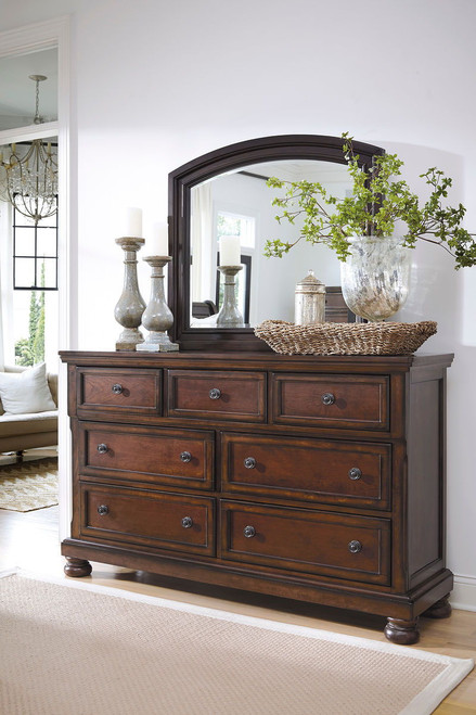 The Porter Rustic Brown 6 Pc. Dresser, Mirror, Chest, Queen Sleigh Bed With  2 Storage Drawers available at Wier Furniture serving Lewistown, MT and  surrounding areas.