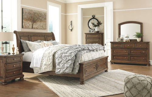 Flynnter Medium Brown 6 Pc. Dresser, Mirror, Chest, Queen Sleigh Bed With 2 Storage Drawers