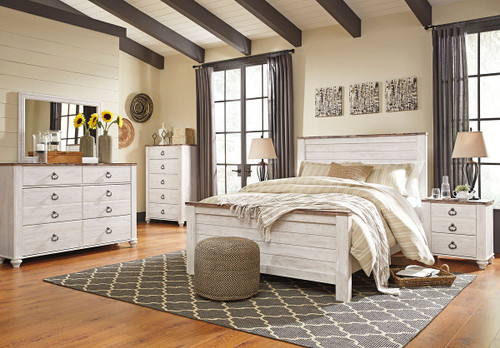 Willowton Whitewash 6 Pc. Dresser, Mirror, Chest, Queen Panel Bed