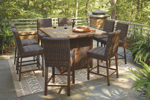 Paradise Trail Medium Brown 9 Pc. Fire Pit Table, 8 Barstools