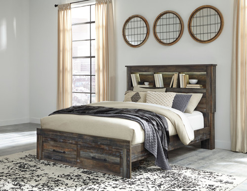 Drystan Brown / Beige Queen Bookcase Bed With 2 Storage Drawers