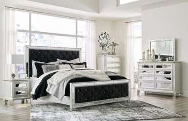 The Lindenfield Black / Silver 5 Pc. Dresser, Mirror, King Upholstered Bed  available at Wier Furniture serving Lewistown, MT and surrounding areas.