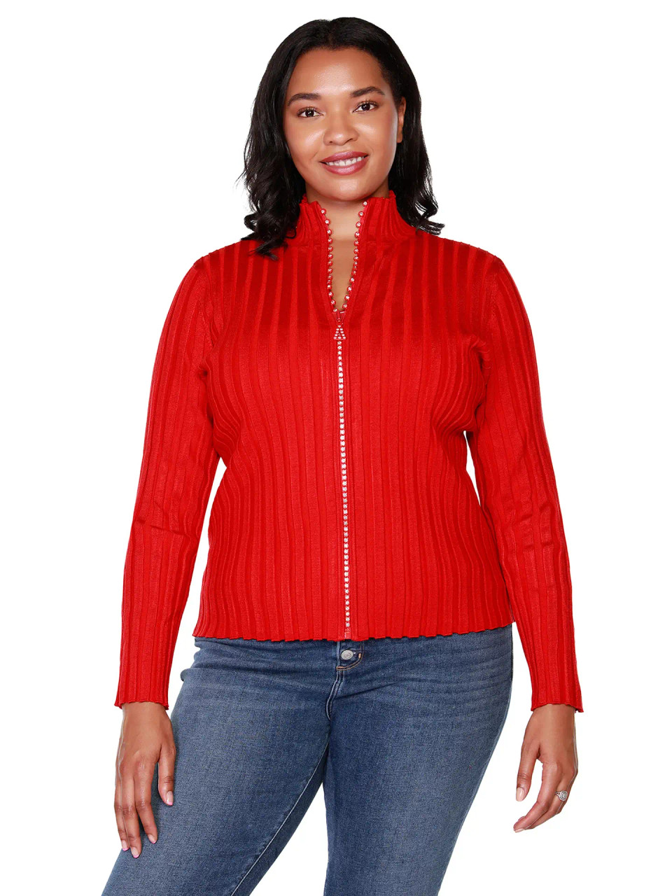 Sweater Top Rhinestone Bling Detailed Zip Up Red Go Brazen