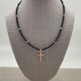 Necklace, Bead Faceted Cross Black
