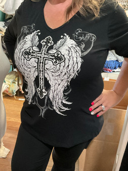 Top, Angel Wing Cross Rhinestones Black Long Sleeve USA Made Top, Angel Wing Cross Rhinestones Black Long Sleeve USA Made