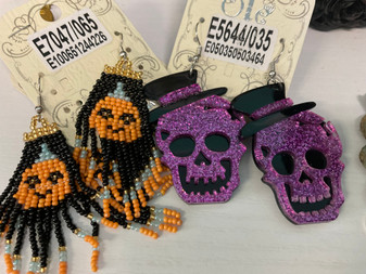 Earrings, Skull Halloween Purple Top Hat