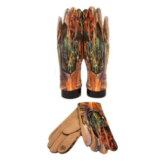 Gloves, Artsy Faux Suede Tan Green Tree Phone Touch