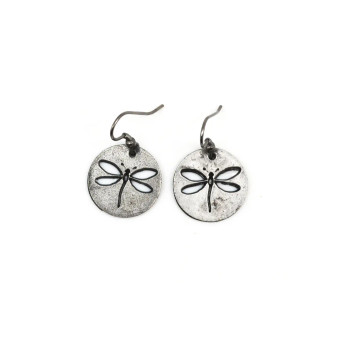 Earrings, Dragonfly Pewter Round Earrings, Dragonfly Pewter Round