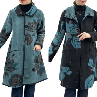 Coat, Reversible Blue Black Lotis Flower