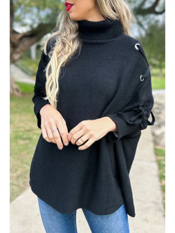 Poncho, Turtleneck Lace Up Sleeves Black