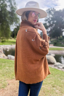 Poncho Turtleneck Lace Up Sleeves Cognac Brown