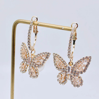Earrings, Huggies Butterfly Rhinestone w/ Faux Pearl