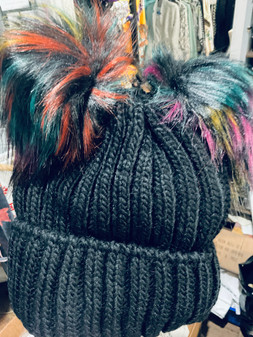 Beanie, Pom Double Bright Colors Fleece Lined Black
