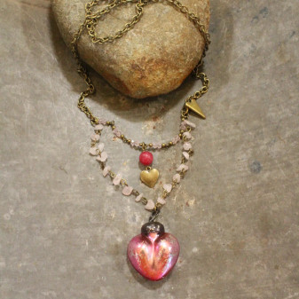 Necklace, Heart Mercury Glass Pink Valentines Galentines Necklace, Heart Mercury Glass Pink Valentines Galentines