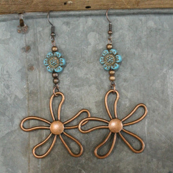 Earrings, Copper Flower Czech Bead  Earrings, Copper Flower Czech Bead