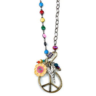 Necklace, Peace Sign Multi Charm Glass Beads 60’s Woodstock Hippue