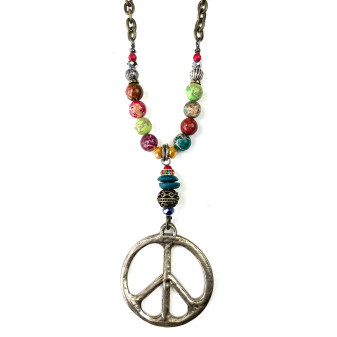Necklace, Peace Sign Stone Bead Necklace, Peace Sign Stone Bead