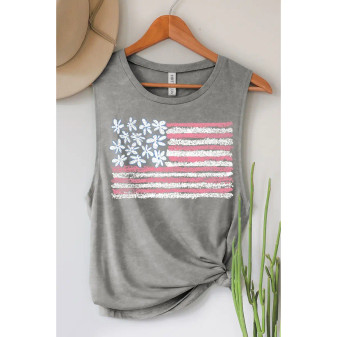 Top, Sleeveless T-Shirt American Flag Grey Mineral Washed July 4th