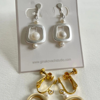 Earrings, Clip N Pearl Brushed Silver White Earrings, Clip N Pearl Brushed Silver White