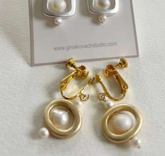 Earring, Clip On Gold White Pearl Earring, Clip On Gold White Pearl