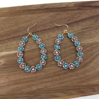 Earrings, Glass Beaded Flower Daisy Brown Teal