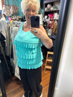 Top,  Sleeveless Ruffle Cha Cha Coolant Fabric LuLu B Aqua Sea Glass