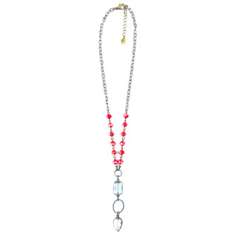 Necklace, Glass Beads Orange Dangle Clear Teardrop 