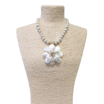 Necklace, Shell Mother of Pearl Flower Petals Glass Pearl Bead