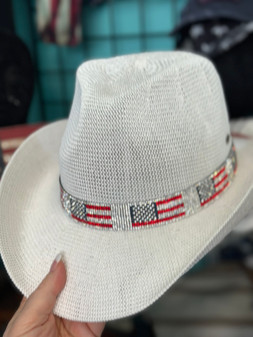 American Flag Rhinestone Band White Cowboy Hat  250th Anniversary July 4th Patriotic