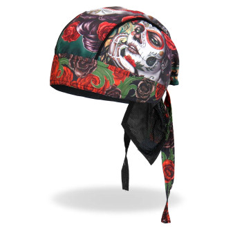 Skull Cap HeadWrap, Motorcycle Lady Rider Sugar Skull Roses Skull Cap HeadWrap, Motorcycle Lady Rider Sugar Skull Roses
