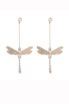 Earrings, Dragonfly 18k Gold Plated Cubic Zirconia CZ Crystals Rhinestones