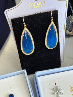 Earrings, Cubic Zirconia Crystals 14k Gold Plated Brass Blue