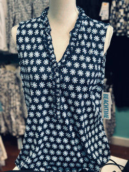 LuLu B Beachtime Sleeveless Top Ruffle Neck Navy Flower UPF 50 