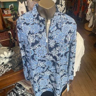 LuLu B Beachtime Pullover 1/4 Zip Mesh Under Arms Royal Blue Navy Floral Wicking Fabric