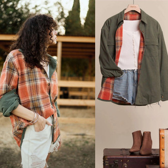 Shirt Corduroy Reversible Olive Green Orange Pkaid Button Up Shacket Shirt Corduroy Reversible Olive Green Orange Pkaid Button Up Shacket