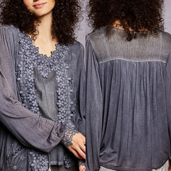 Top Crocheted Lace V Neck Charcoal Grey Top Crocheted Lace V Neck Charcoal Grey