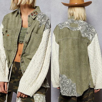 Shirt  Shacket Jean Lace Sweater Knit Sleeves Olive