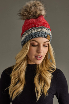 Beanie w/Pom by Panache Fleece Lined Grey Band Red