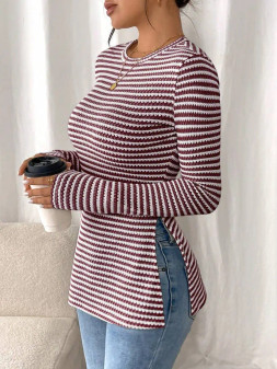 Top Striped Round Neck Wine Stripe 