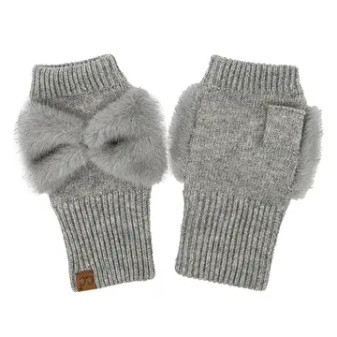 Gloves CC Fingerless W/ Faux Fur Bow Grey