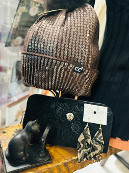 Beanie Pom Fleece Lined Sequins  Chocolate Mocha Brown Beanie Pom Fleece Lined Sequins  Chocolate Mocha Brown