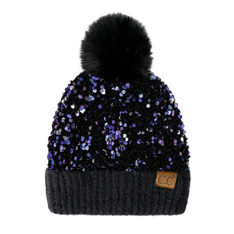 Beanie CC Winter Hat Fur Pom Sequins Purple & Black